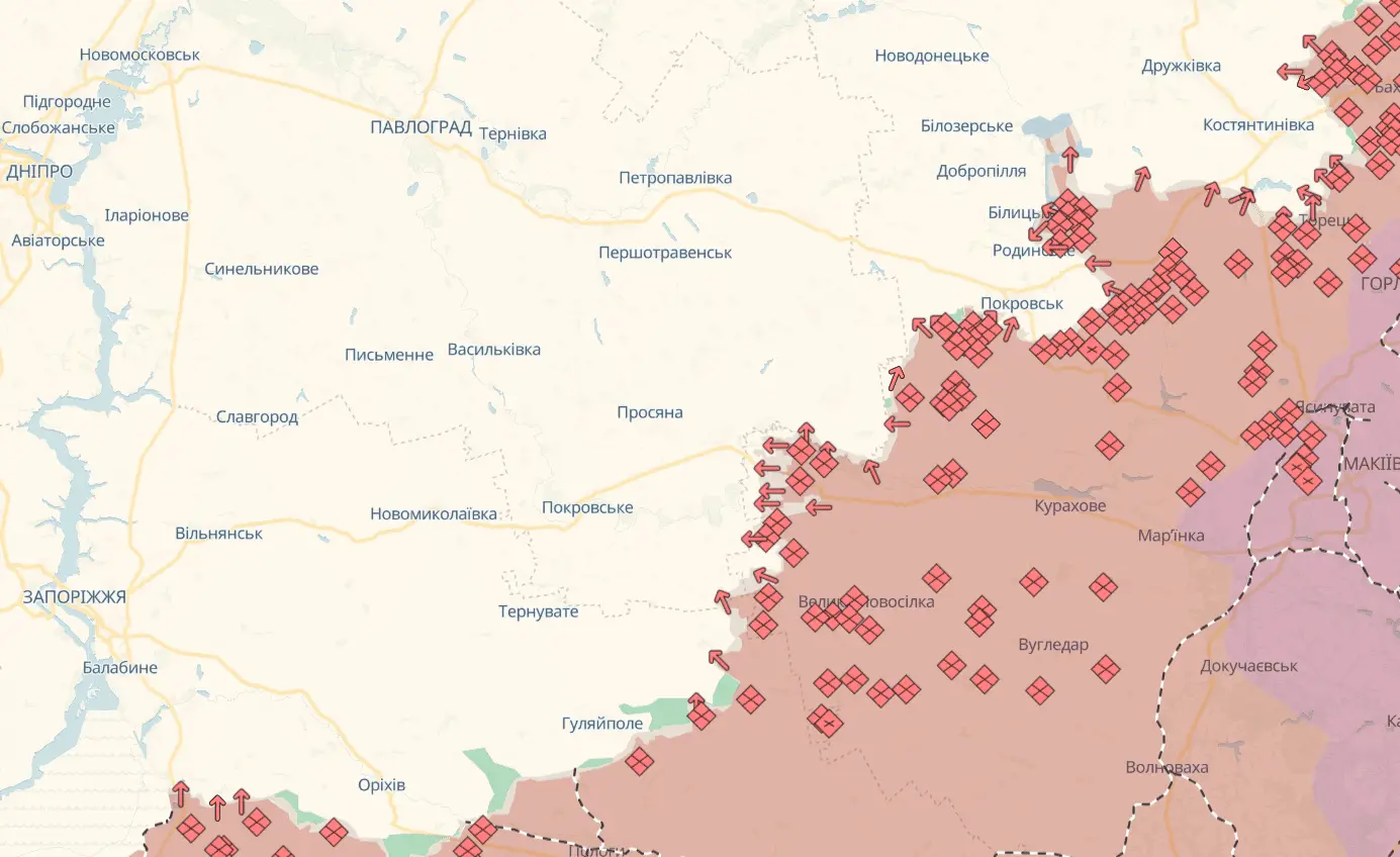 Карта бойових дій в Україні станом на 22 серпня 2025 року